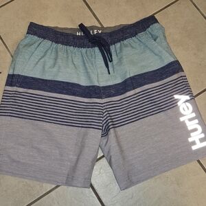 Hurley Men’s XL Swim Trunks Board Shorts Blue Striped Drawstring Elastic Waist